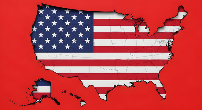 Map of the united states filled with the american flag pattern against a solid red background