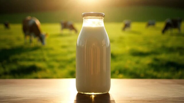 bottle of fresh milk on wooden table with cows grazing in rural pasture