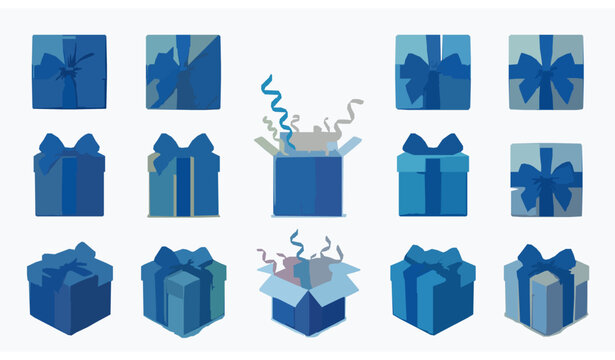 3D Render Gift Box Collection with Blue Ribbon Bows Open and Closed Festive Presents Isolated on White