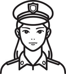 Hand Drawn Female Police Black and White Avatar Illustration in Minimal Line Art Style Design
