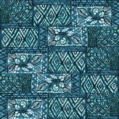 Hand Painted Watercolor Green Tropical Jungle Seamless Pattern, Botanical hibiscus leaf symbol Patchwork Background, Hawaii  Texture, Exotic © HoyaBouquet