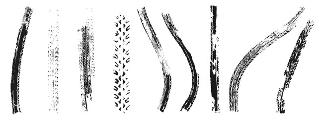 Black tire track marks isolated on white background. Curve racing tread pattern realistic vector illustration set. Car or motorcycle wheel skid traces texture