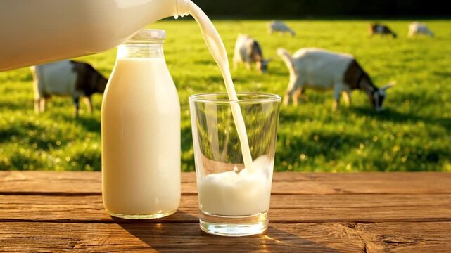 fresh goat milk pouring into glass next to bottle on wooden table with goats grazing in green pasture