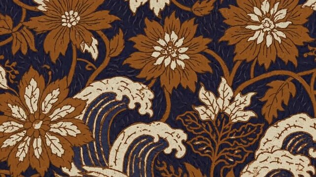 ornate floral pattern with waves and leaves in brown, white and navy blue