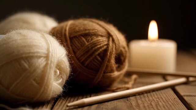 cozy knitting scene with yarn balls and needles on wooden table beside candle