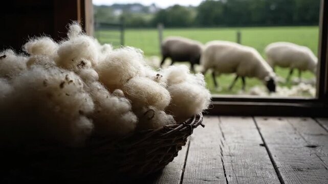 sheep grazing in lush green pasture viewed from rustic wooden doorway with basket of raw wool