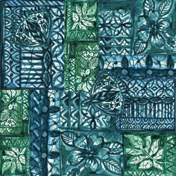Hand Painted Watercolor Tropical Jungle Seamless Pattern, Ethnic Aztec Mexican Tribal Floral Patchwork Background, Hawaii Forest Nature Texture