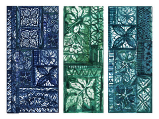 Hand Painted Watercolor Tropical Folk Tile Elements Set, Ethnic Tribal Patchwork Blocks with Botanical Leaves, Exotic Jungle © HoyaBouquet