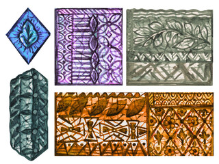 Handcrafted Watercolor Tropical Ornament Tiles and Botanical Motifs, Folk Art Jungle Patchwork symbol Ethnic Decorative © HoyaBouquet