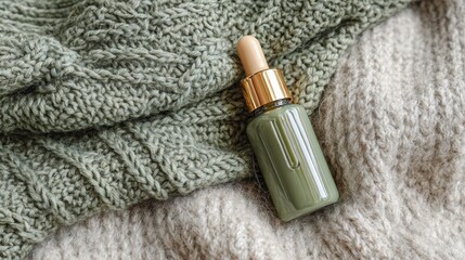 Luxury beauty serum bottle on soft knitted fabric