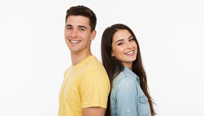 Obraz premium Young smiling couple standing back to back on white background. Happy man and woman in casual clothes. Studio portrait of friends or partners