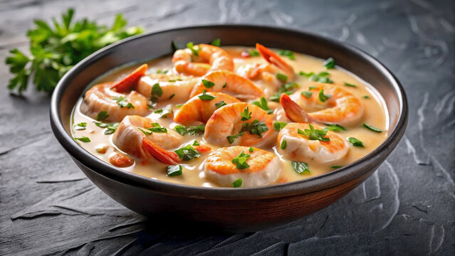Creamy Chupe de camarones in black ceramic bowl. Savory Chupe de camarones features succulent shrimp, rich creamy broth, and fresh herbs, garnished with chopped parsley for vibrant appeal.