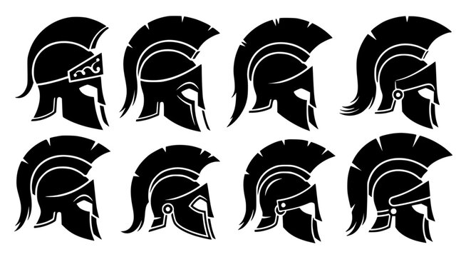 Ancient Greek and Roman Warrior Helmet Silhouettes &ndash; Classical Armor Vector Icon Set EPS 10