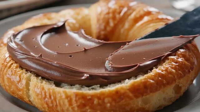 Close-up of a flaky croissant being spread with rich chocolate hazelnut cream on a gray plate, creating an inviting breakfast scene