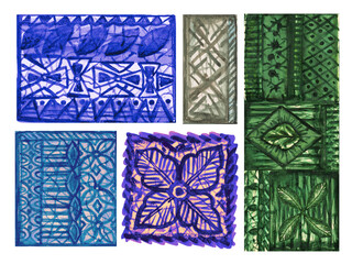 Artistic Watercolor Ethnic Tile and Botanical Elements Set, Tribal Folk Jungle watercolor, Hand Drawn Decorative © HoyaBouquet