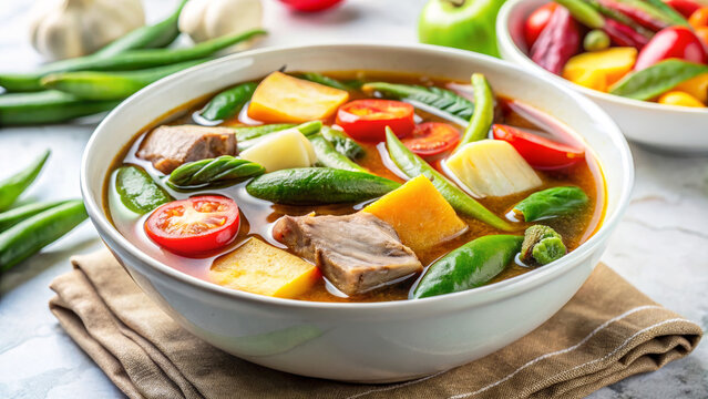 Filipino sinigang soup, sour pork stew with fresh tomatoes, green beans, taro, pumpkin in white bowl. Authentic Filipino sinigang soup features classic ingredients.