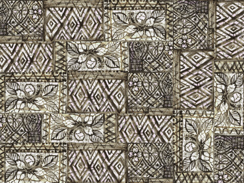 Hand Painted Watercolor  Tropical Tile Seamless Pattern, Cross zigzag  Tribal Floral Patchwork  Ethnic Ornamental Botanical Texture