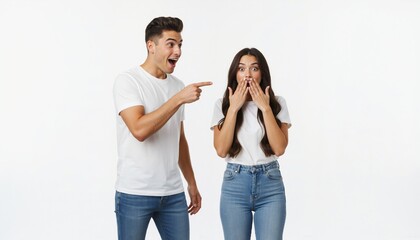 Fototapeta premium Excited man pointing at shocked woman. Surprised couple in white t-shirts and jeans on white background. Reaction and news concept
