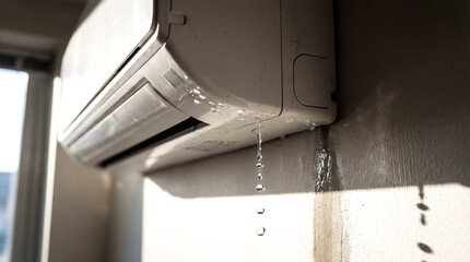 Naklejka premium Leaking air conditioner dripping water wall floor household emergency appliance repair maintenance house damage accident flood insurance claim service cooling