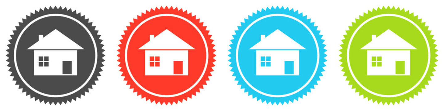 Icons auf 4 Buttons mit Zacken zeigen Haus, Ferienhaus oder zu Hause