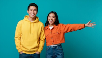 Obraz premium Happy young Asian couple smiling on teal background. Man in yellow hoodie and woman in orange jacket gesturing to the side. Presentation and friendship concept