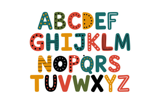 Alphabet colorful illustration with dotted letters on white background
