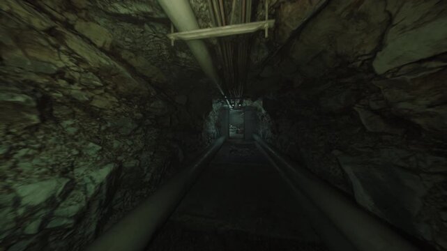dark underground tunnel with pipes, two parallel pipes running along damp concrete floor toward rusted metal door under greenish fluorescent glow, narrow