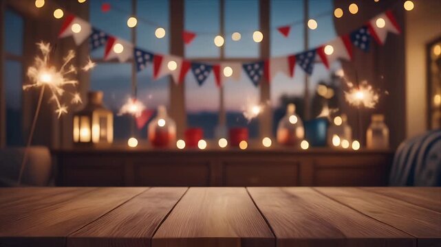 Cozy room with wooden table decorated for 4th of July celebration