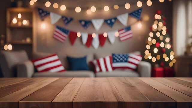 Empty wooden table in patriotic living room with American flags and Christmas tree