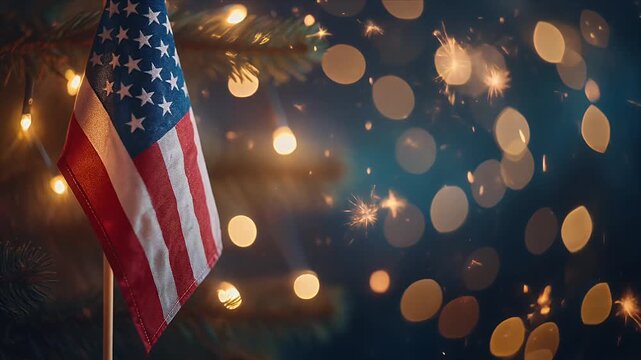 American flag waving with warm festive lights in background