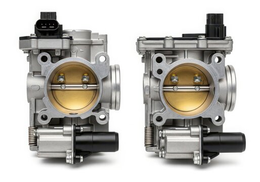 Two identical mechanical throttle bodies with brass-colored internal components and black connectors. isolated on white background
