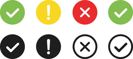 Checkmark and Cross Icon Set, Status Notification Symbols, Green Tick Red X and Yellow Exclamation Mark Circles, Vector Interface Design Elements