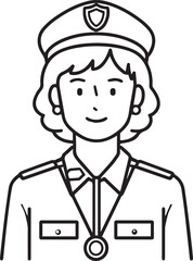 Hand Drawn Female Police Black and White Avatar Illustration in Minimal Line Art Style Design