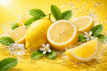 みずみずしいレモンと果汁が弾ける爽快スプラッシュ、氷と水滴、フレッシュな葉が映える黄色背景のシトラス広告ビジュアル