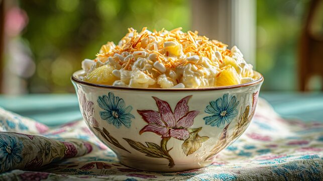 Creamy acini di pepe salad mixed with pineapple tidbits and marshmallows, topped generously with golden toasted coconut flakes, served in a ceramic bowl with vintage floral pattern