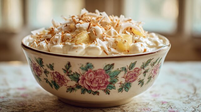 Creamy acini di pepe salad mixed with pineapple tidbits and marshmallows, topped generously with golden toasted coconut flakes, served in a ceramic bowl with vintage floral pattern