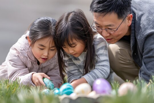 Asian family hunting for Easter eggs outdoors among green grass