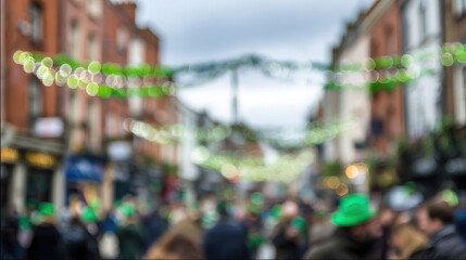 Fototapeta premium Blurred bokeh background of St. Patrick's Day carnival on the street of Dublin, March 17, Ireland, silhouettes of people in green hats and scarves, green garlands in out of focus, Irish holiday, crowd