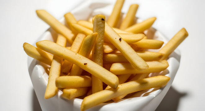A serving of golden french fries in a white container