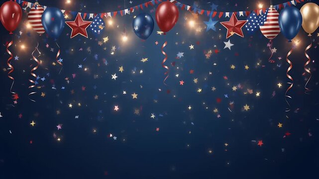 Vibrant patriotic celebration with balloons and stars on blue background