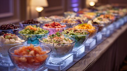 Fototapeta premium Multiple bowls of variations arranged on long dessert buffet table, pastel color palette, elegant catering event lighting