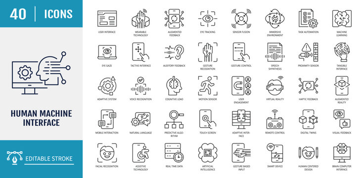 Human machine interface icon set. Includes user interface, touch screen, voice recognition, virtual reality, augmented reality. Outline icon set. Vector illustration with editable stroke