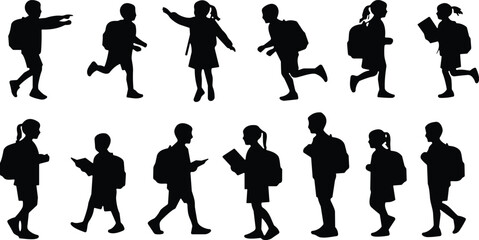 Obraz premium Black Silhouettes of School Children with Backpacks Walking Running Reading and Playing Isolated on White Background for Back to School