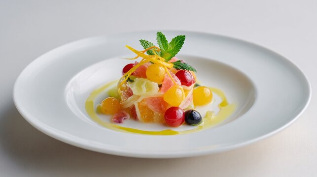 Carefully scooped quenelle of fruit pasta salad plated individually with mint sprig and citrus zest, minimalist white fine-dining plate, refined presentation