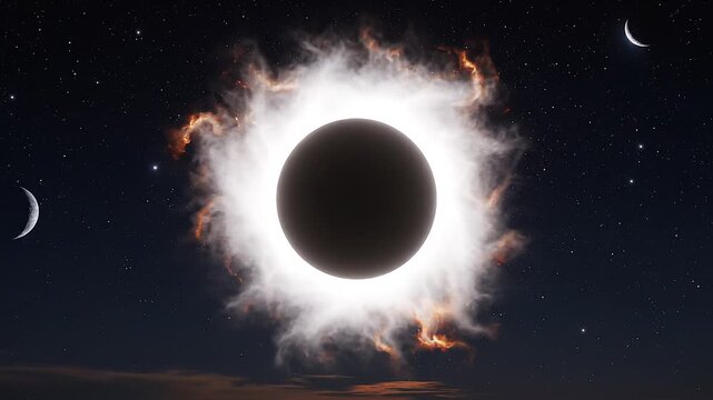Realistic animation of a total solar eclipse, transitioning from a bright sky to totality with a glowing corona and stars above the clouds, representing cosmic beauty and celestial events.