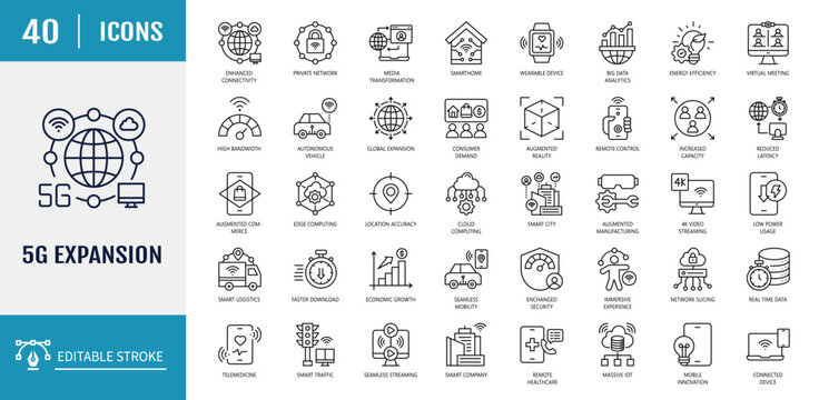 5G expansion icon set. Includes faster internet speed, reduced latency, enhanced connectivity, smart city, autonomous vehicle. Outline icon set. Vector illustration with editable stroke