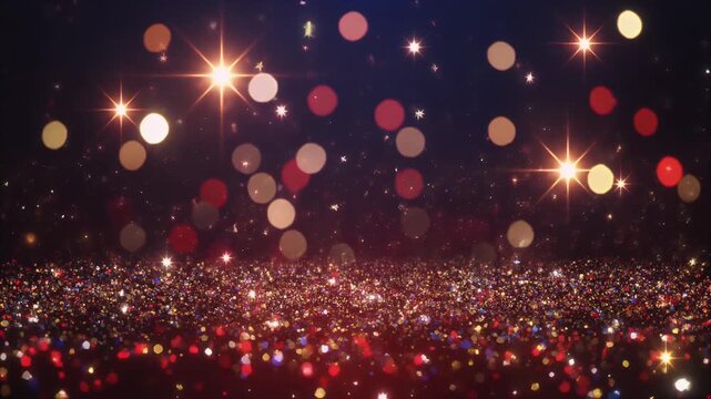 Vibrant bokeh lights and stars shining brightly in dark background