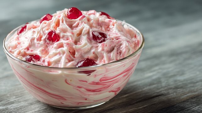 Light maraschino syrup swirled into creamy base creating pink streaks, playful presentation in glass bowl