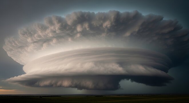 A massive supercell storm cloud, featuring a dramatic anvil shape, looms over the horizon, showcasing the immense power and breathtaking beauty of nature's atmospheric clouds