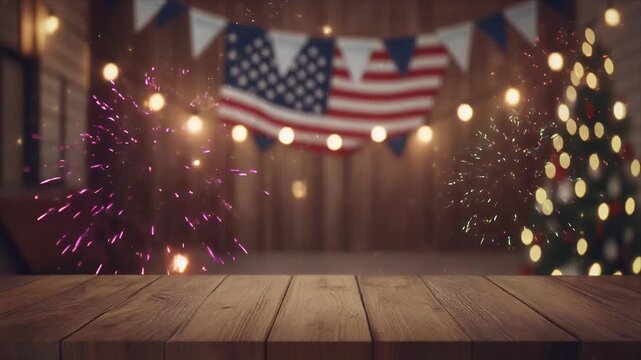 Festive American celebration with fireworks and bunting lights
